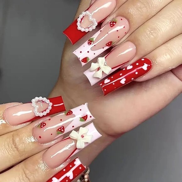 Nails Heart 3D Charm Bow Press On Style 24 Fake Glam Trendy Stylish Strawberries - Picture 1 of 5